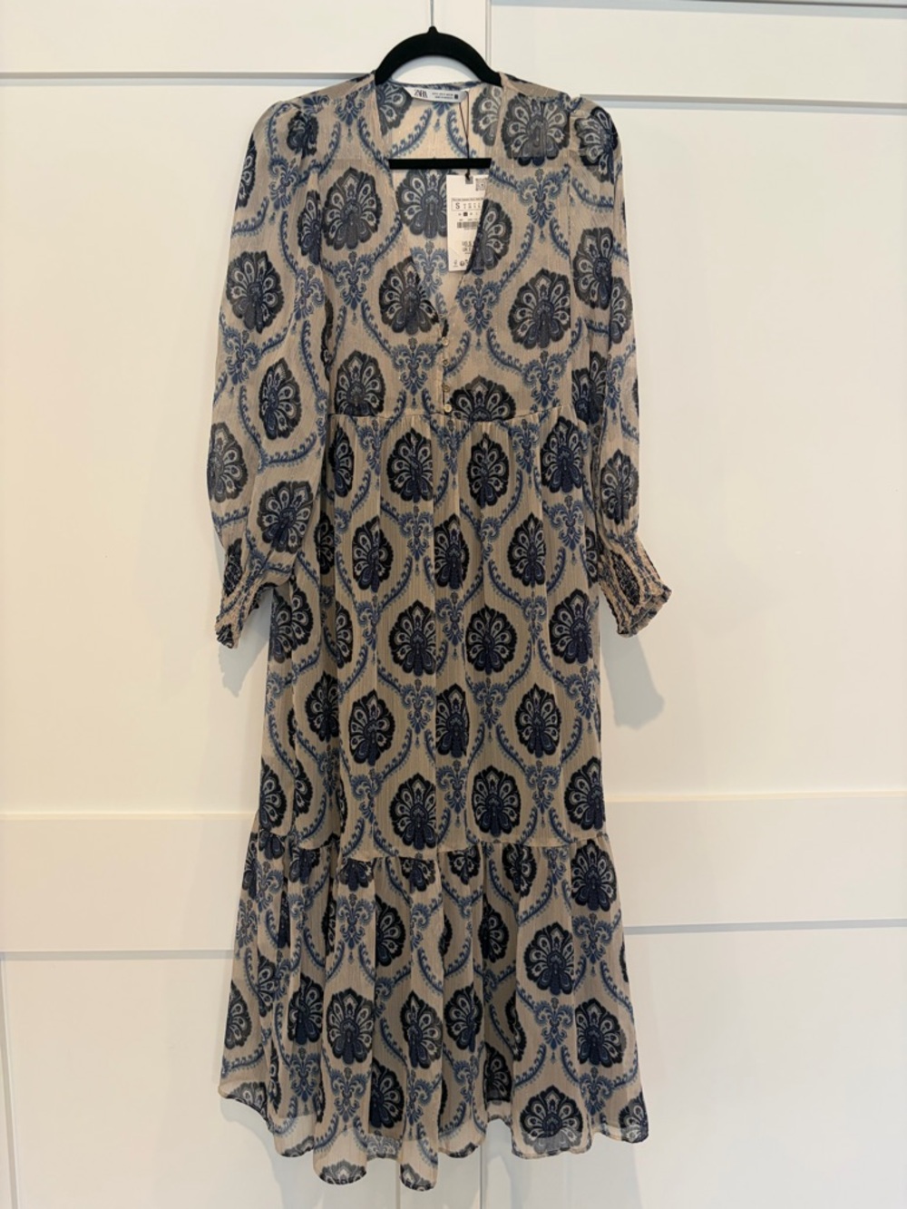Zara Long Sleeve Blue Patterned Midi Dress - , Women's